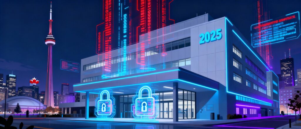 Toronto healthcare data breaches cybersecurity illustration showing CN Tower with digital security locks and 2025 data protection